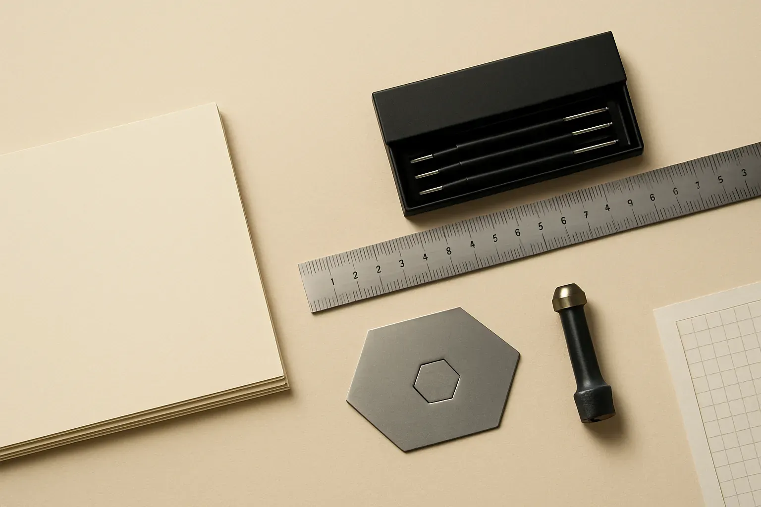 Overhead flat-lay of a steel ruler, a hallmark stamping punch, and a punched metal plate arranged on cream specimen paper on the studio's worktable.